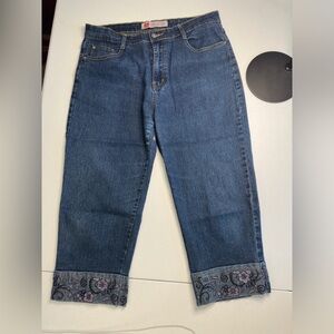 COS Capris Jeans Woman's Size 12 Dark Blue w/ purple Embroidered Blue Jeans
